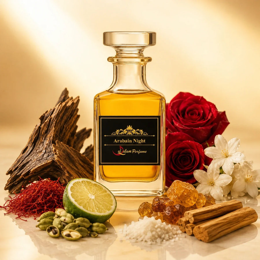 Arabian Night Attar – Saffron, Rose, Oud & Amber Alcohol-Free Perfume Oil | Al-Qalam Perfume Attars by Al-Qalam Perfume – Al-Qalam Perfume, Alcohol-Free Attar, Amber Attar.