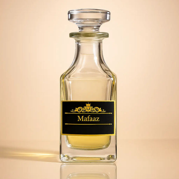 Perfume bottle labeled 'Mafaaz' on a beige background