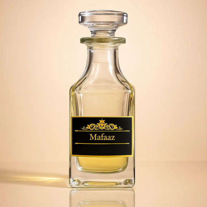 Perfume bottle labeled 'Mafaaz' on a beige background