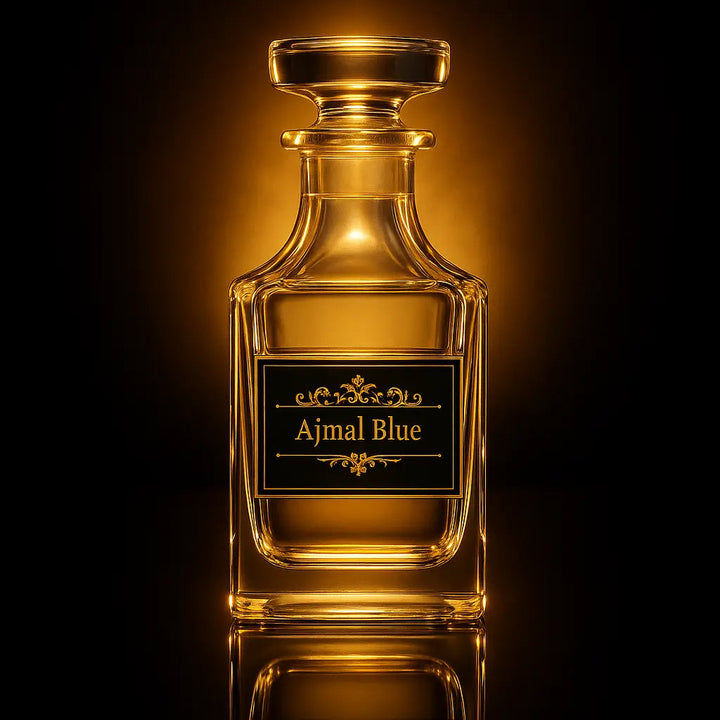 Gold Ajmal Blue perfume bottle on a reflective surface with a dark background