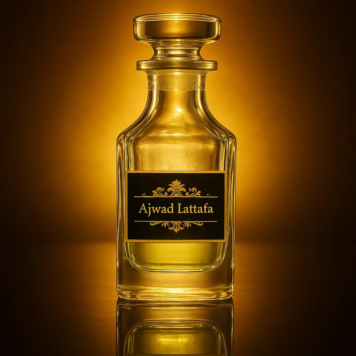 Glass perfume bottle with 'Ajwad Lattafa' label on a reflective surface with warm brown background