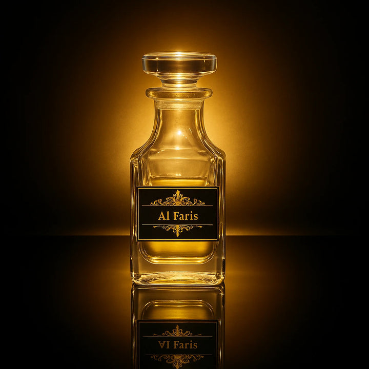 Glass perfume bottle labeled 'Al Faris' with a warm glow on a dark background