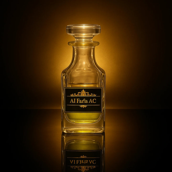 Glass perfume bottle with 'Al Paris AC' label on a reflective surface and dark background