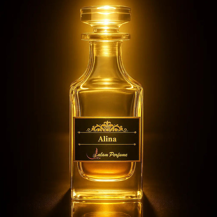 Perfume bottle labeled 'Alina' on a dark background