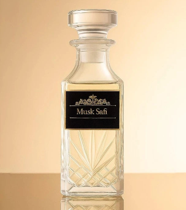 Glass perfume bottle with a black label on a beige background