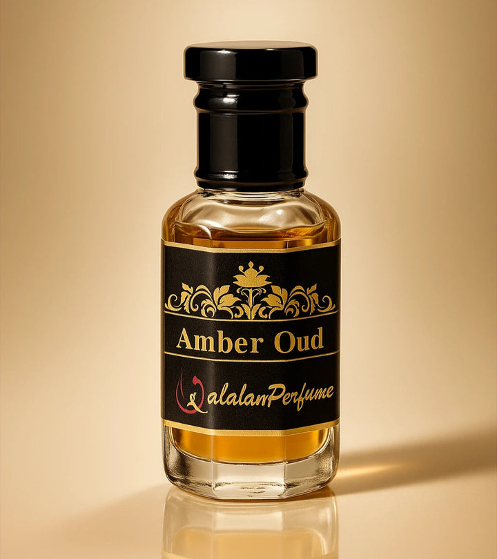 Perfume bottle labeled 'Amber Oud' by LalalamPerfume on a beige background