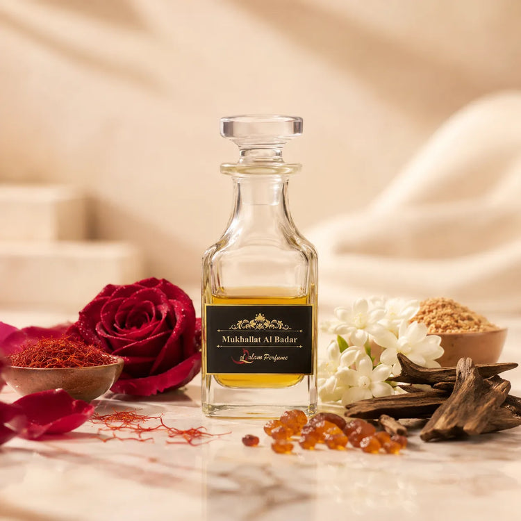 Mukhallat Al Badar Attar – Rose, Saffron, Jasmine & Oud Alcohol-Free Perfume Oil | Al-Qalam Perfume Attars by Al-Qalam Perfume – Attar.