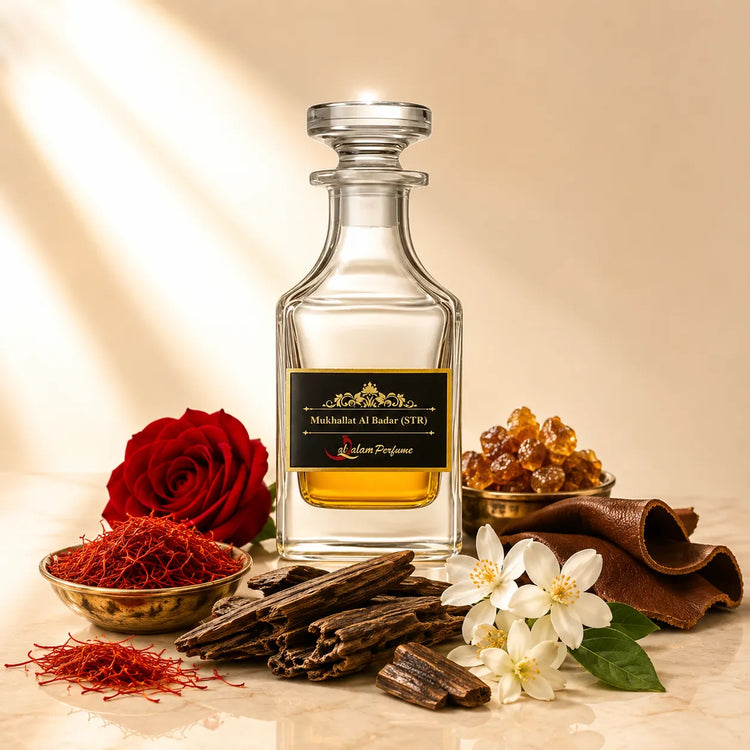 Mukhallat Al Badar (N) Attar – Saffron, Oud, Jasmine & Leather Alcohol-Free Perfume Oil | Al-Qalam Perfume Perfume Oils by Al-Qalam Perfume – Attar, mukhallat al badar.