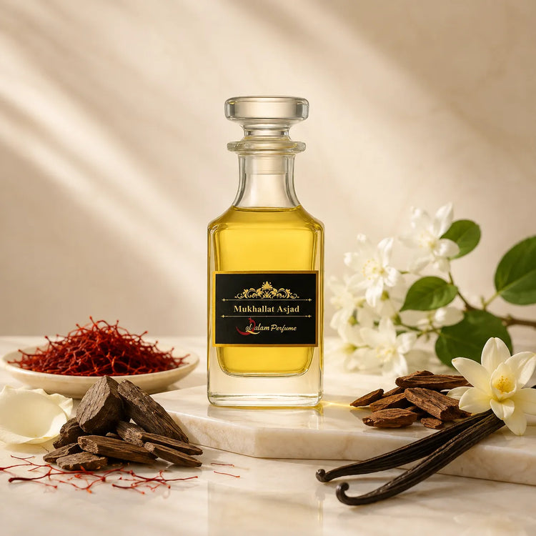 Mukhallat Asjad Attar – Saffron, Oud, Jasmine & Vanilla Alcohol-Free Perfume Oil | Al-Qalam Perfume Perfume Oils by Al-Qalam Perfume – Attar, mukhallat asjad.