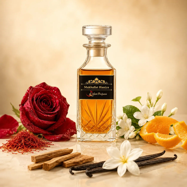 Mukhallat Haniya Attar – Saffron, Rose, Jasmine & Vanilla Alcohol-Free Perfume Oil | Al-Qalam Perfume Perfume Oils by Al-Qalam Perfume – Al-Qalam Perfume, Alcohol-Free Attar, Amber Attar.