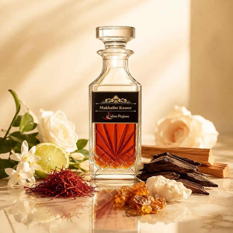 Mukhallat Kauser Attar – Rose, Saffron, Jasmine & Sandalwood Alcohol-Free Perfume Oil | Al-Qalam Perfume Attars by Al-Qalam Perfume – Al-Qalam Perfume, Alcohol-Free Attar, Amber Attar.