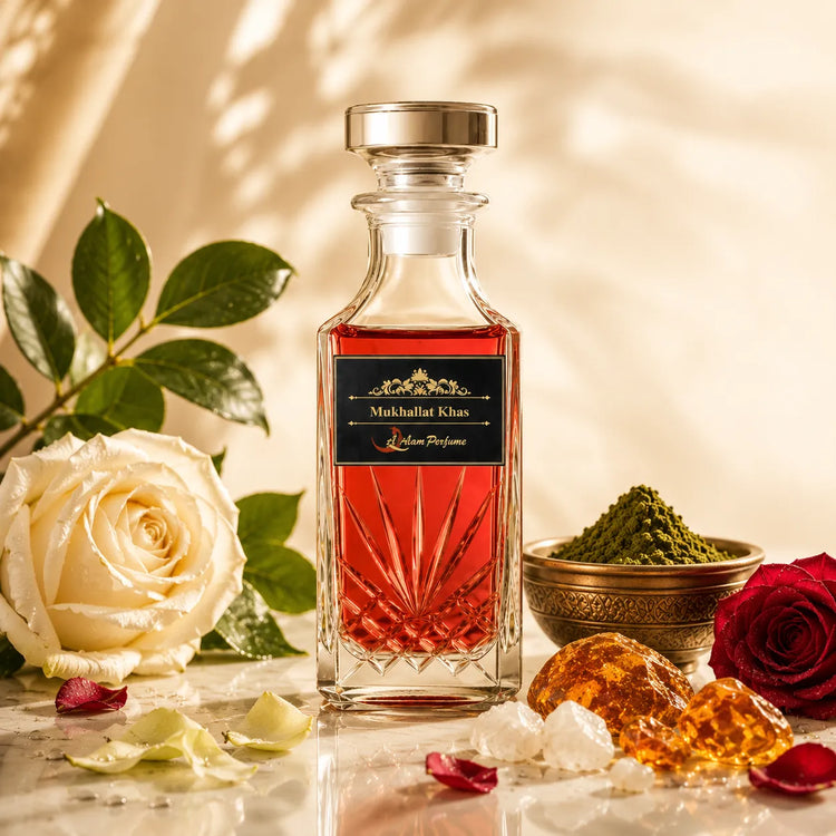 Mukhallat Khas Attar – Saffron, Rose, Jasmine & Oud Alcohol-Free Perfume Oil | Al-Qalam Perfume Attars by Al-Qalam Perfume – Al-Qalam Perfume, Alcohol-Free Attar, Amber Attar.