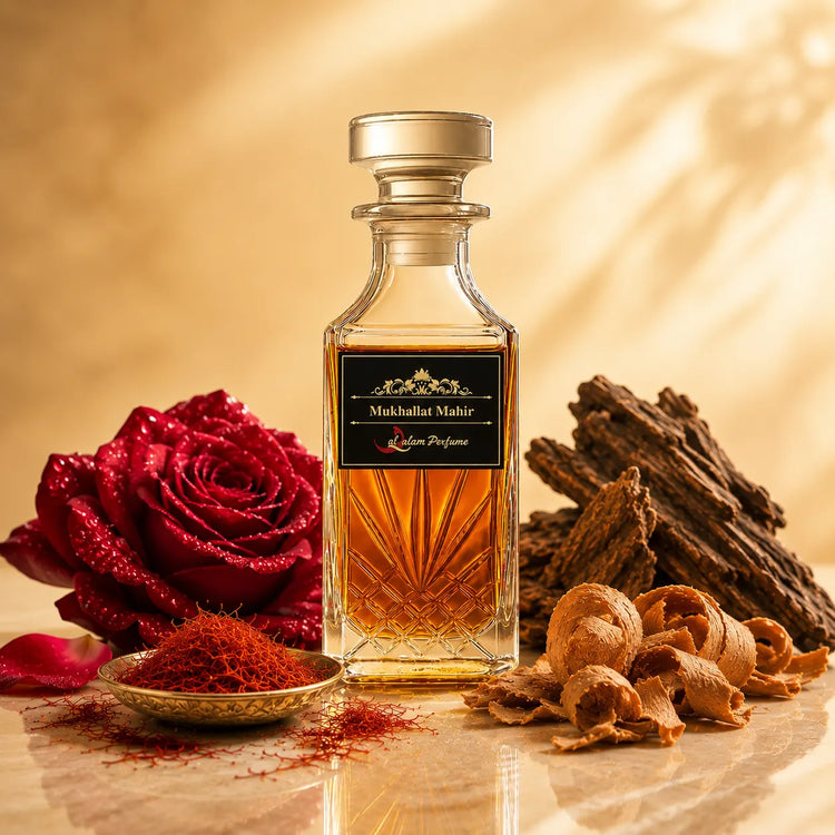 Mukhallat Mahir Attar – Saffron, Rose, Oud & Sandalwood Alcohol-Free Perfume Oil | Al-Qalam Perfume Attars by Al-Qalam Perfume – Al-Qalam Perfume, Alcohol-Free Attar, Amber Attar.