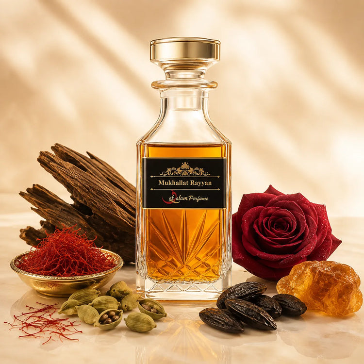 Mukhallat Rayyan Attar – Saffron, Oud, Rose & Tonka Alcohol-Free Perfume Oil | Al-Qalam Perfume Perfume Oils by Al-Qalam Perfume – Al-Qalam Perfume, Alcohol-Free Attar, Amber Attar.