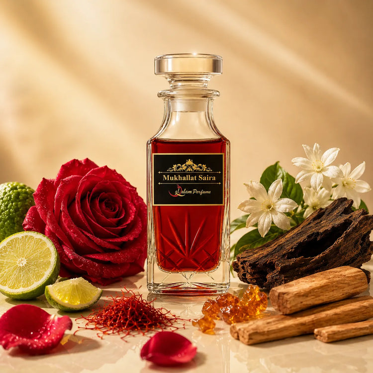 Mukhallat Saira Attar – Bergamot, Rose, Jasmine & Oud Alcohol-Free Perfume Oil | Al-Qalam Perfume Attars by Al-Qalam Perfume – Al-Qalam Perfume, Alcohol-Free Attar, Amber Attar.