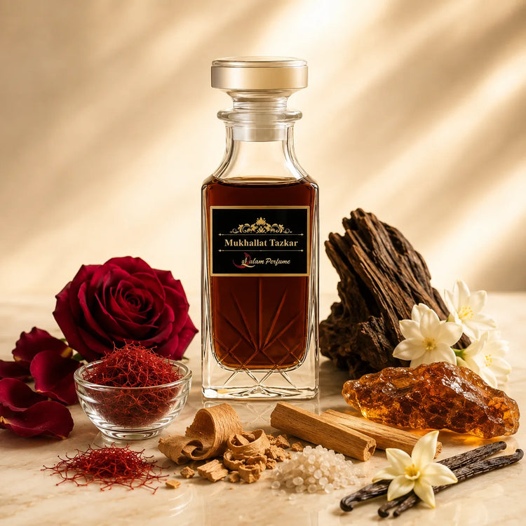 Mukhallat Tazkar Attar – Rose, Saffron, Oud & Vanilla Alcohol-Free Perfume Oil | Al-Qalam Perfume Attars by Al-Qalam Perfume – Al-Qalam Perfume, Alcohol-Free Attar, Amber Attar.