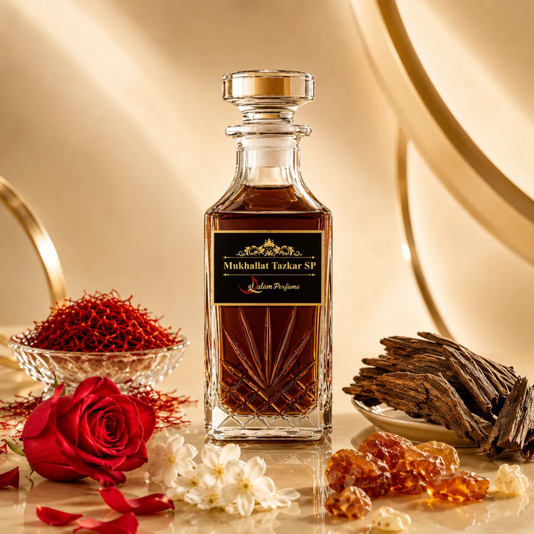 Mukhallat Tazkar SP Attar – Saffron, Rose, Jasmine & Oud Alcohol-Free Perfume Oil | Al-Qalam Perfume Attars by Al-Qalam Perfume – Al-Qalam Perfume, Alcohol-Free Attar, Amber Attar.