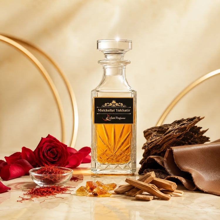 Mukhallat Yukhatir Attar – Saffron, Rose, Oud & Leather Alcohol-Free Perfume Oil | Al-Qalam Perfume Perfume Oils by Al-Qalam Perfume – Al-Qalam Perfume, Alcohol-Free Attar, Amber Attar.