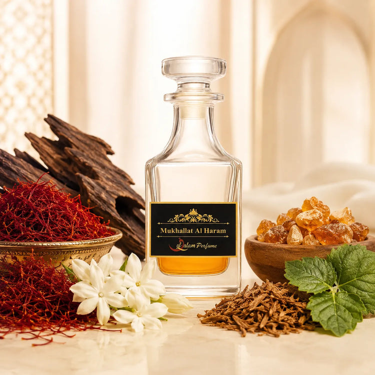 Mukhallat al Haram Attar – Saffron, Oud, Jasmine & Patchouli Alcohol-Free Perfume Oil | Al-Qalam Perfume Attars by Al-Qalam Perfume – Attar, mukhallat al haram.