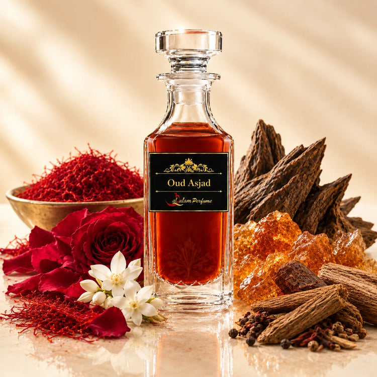 Oud Asjad Attar – Spiced Oud, Saffron & Rose Alcohol-Free Perfume Oil | Al-Qalam Perfume Perfume Oils by Al-Qalam Perfume – Al-Qalam Perfume, Alcohol Free, Alcohol-Free Attar.