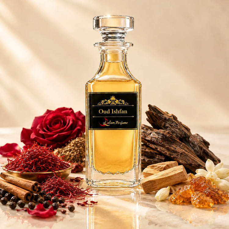 Oud Ishfan Attar – Rose, Saffron, Oud & Patchouli Alcohol-Free Perfume Oil | Al-Qalam Perfume Attars by Al-Qalam Perfume – Al-Qalam Perfume, Alcohol-Free Attar, Amber Attar.