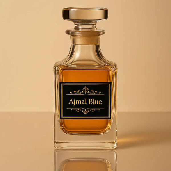 Aajmal Blue perfume bottle on a beige background