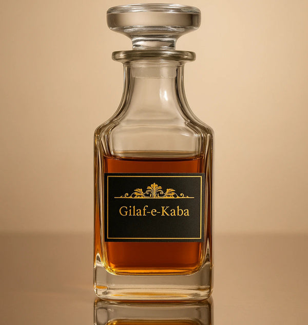 Glass bottle with a label on a reflective surface and beige background