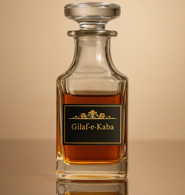 Glass bottle with a label on a reflective surface and beige background