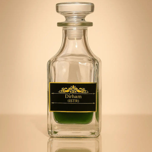 Glass decanter with a black label on a beige background