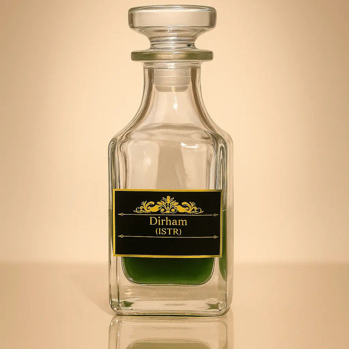 Glass decanter with a black label on a beige background