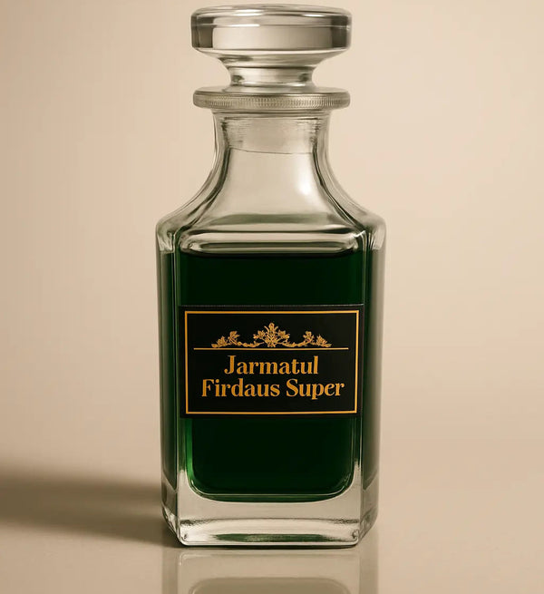 Glass bottle with a green liquid and gold label on a beige background