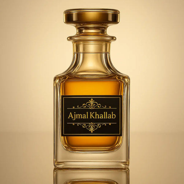 Perfume bottle with 'Ajmal Khallab' label on a reflective surface