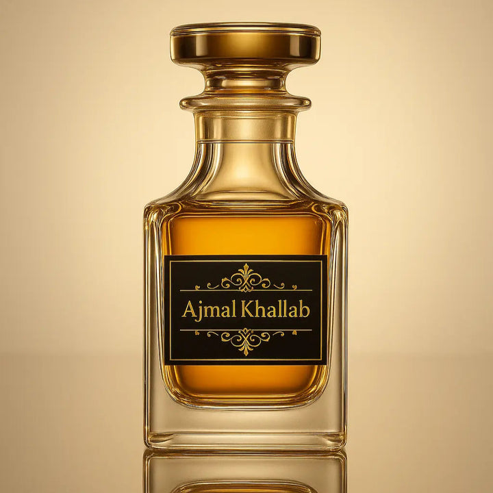 Perfume bottle with 'Ajmal Khallab' label on a reflective surface