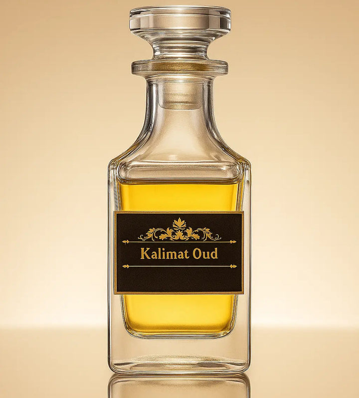 Glass bottle of Kalimat Oud on a reflective surface with a beige background