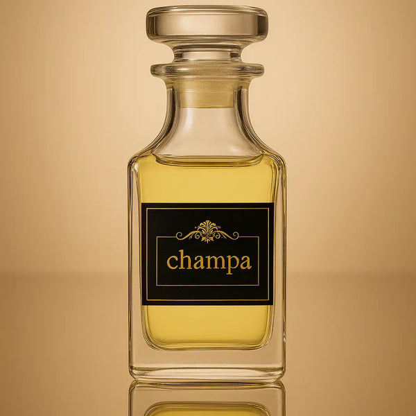 Perfume bottle labeled 'champa' on a reflective gold surface with a beige background