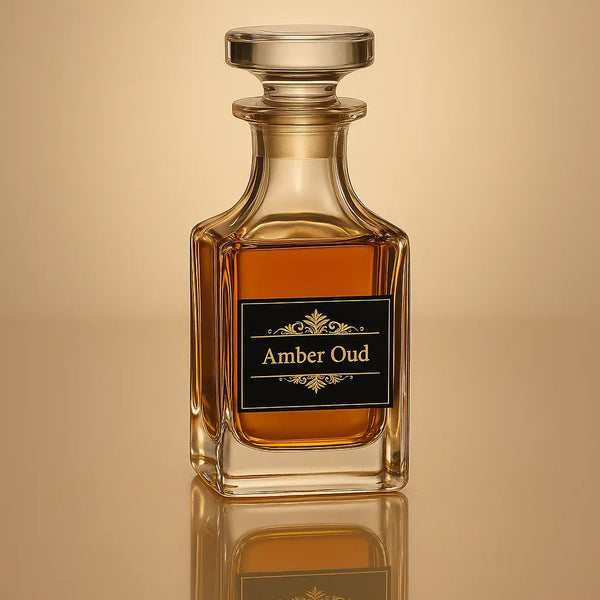 Amber Oud perfume bottle on a reflective surface with a beige background