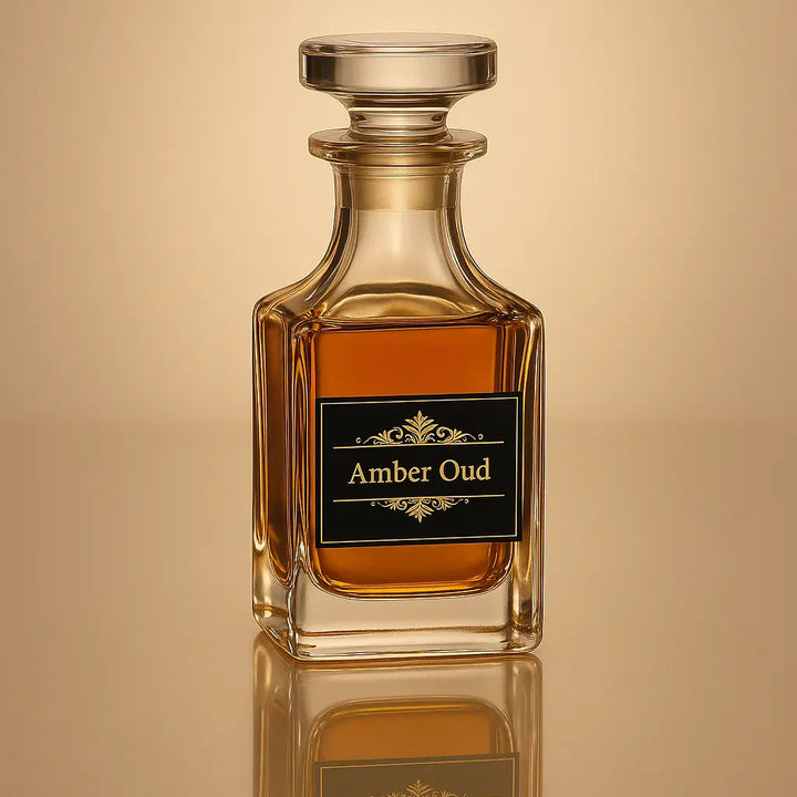 Amber Oud perfume bottle on a reflective surface with a beige background