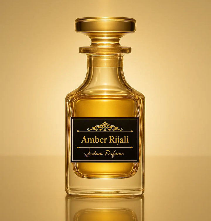 Gold perfume bottle with 'Amber Rijali' label on a reflective gold surface