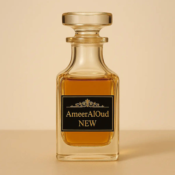 Perfume bottle labeled 'AmeerAlOud NEW' on a beige background