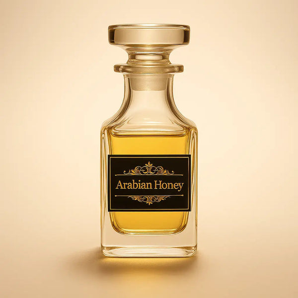 Perfume bottle labeled 'Arabian Honey' on a beige background