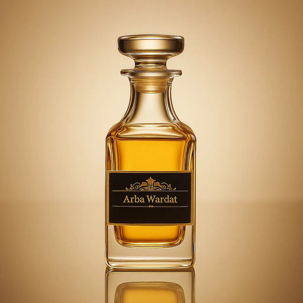 Bottle of Arba Wardat perfume on a reflective surface with a beige background