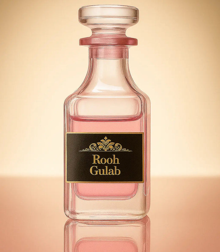 Perfume bottle labeled 'Rooh Gulab' on a reflective surface with a gradient background