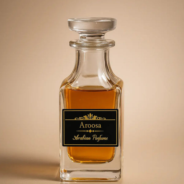 Aroosa Arabian Perfume bottle on a reflective surface with a beige background