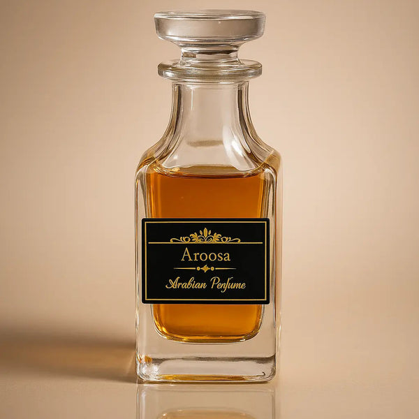 Aroosa Arabian Perfume bottle on a reflective surface with a beige background