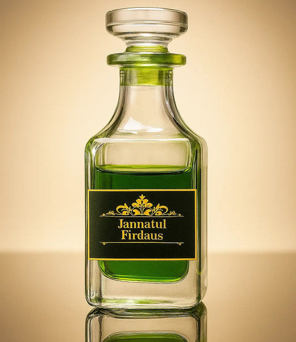 Green bottle with a label on a reflective surface against a beige background