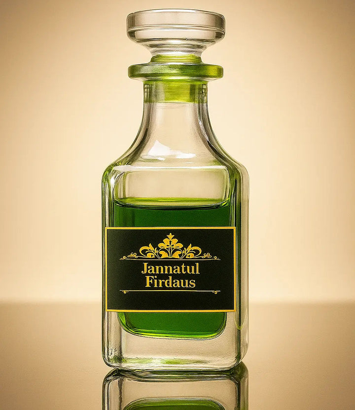 Green bottle with a label on a reflective surface against a beige background