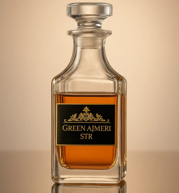 Glass decanter with a label on a reflective surface