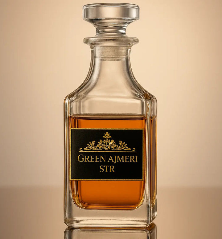 Glass decanter with a label on a reflective surface