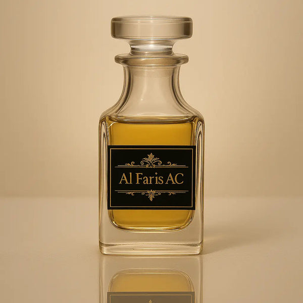 Glass perfume bottle with 'Al Paris AC' label on a beige background