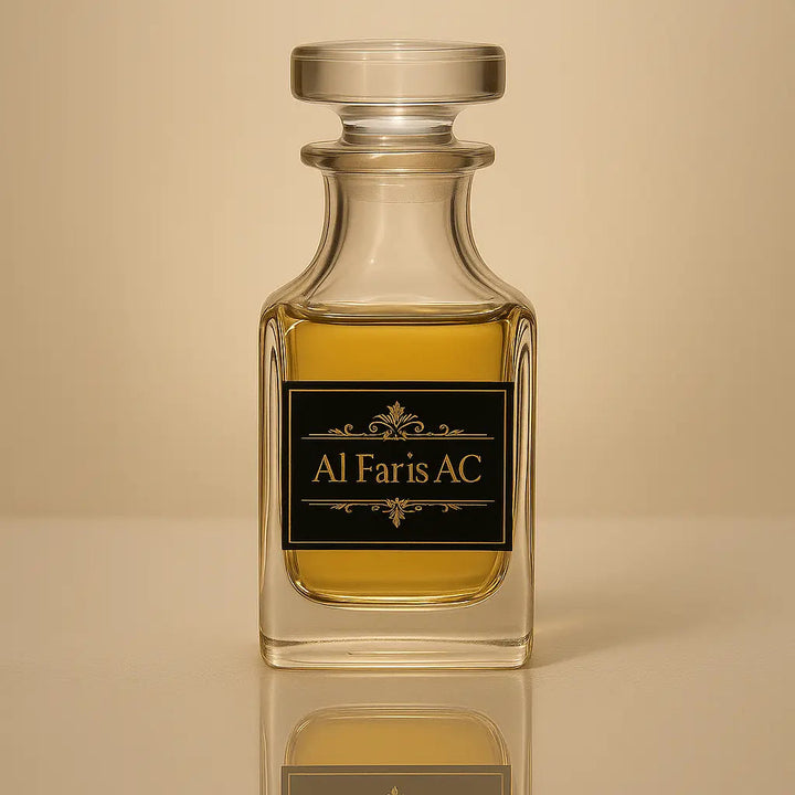 Glass perfume bottle with 'Al Paris AC' label on a beige background